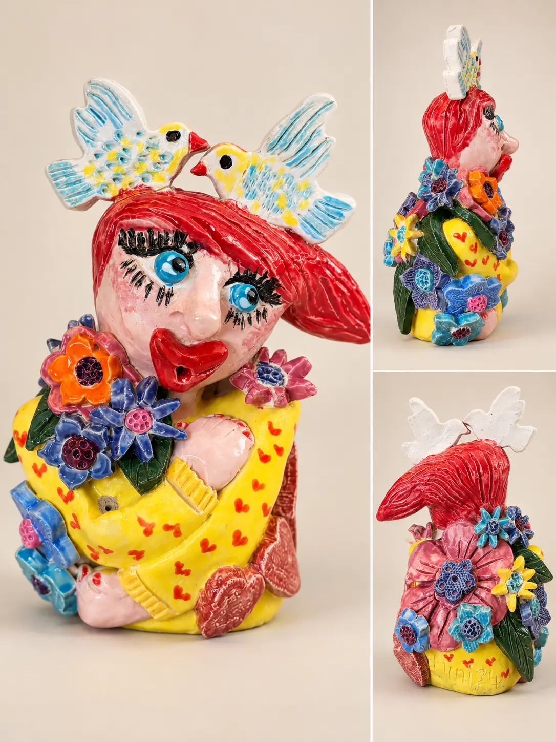 Femme en céramique au chapeau rouge, entourée de fleurs et d'oiseaux.