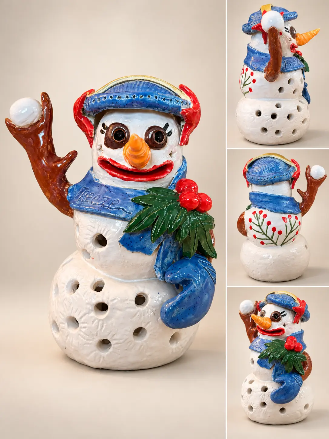 Bonhomme de neige en céramique, coiffé de rouge et vêtu de bleu.