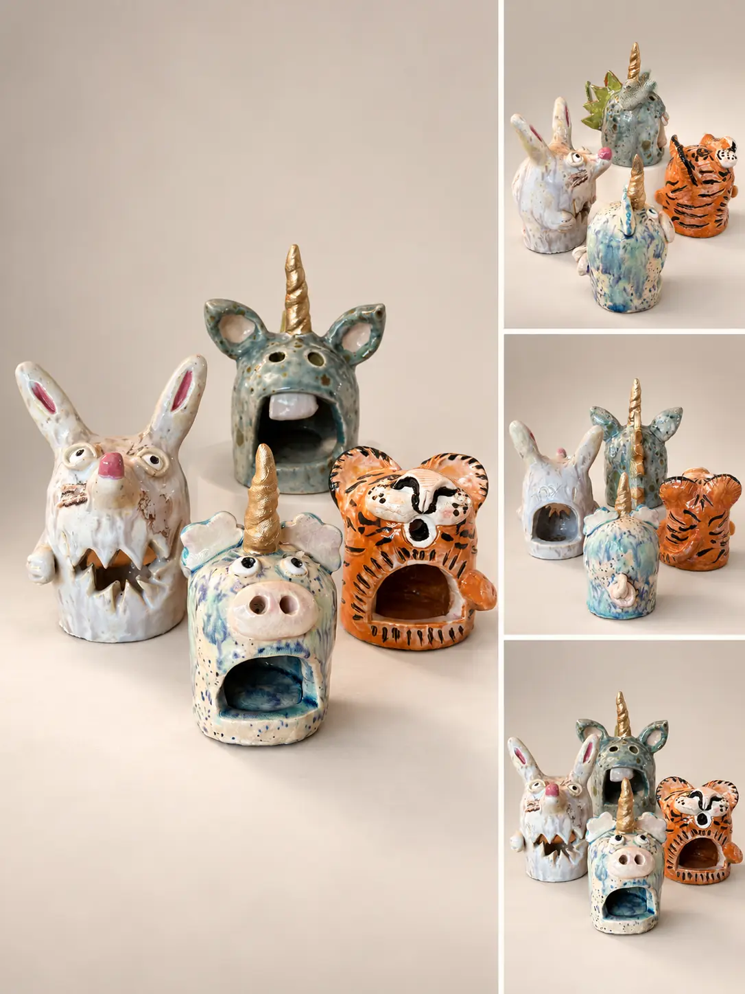 Ensemble de quatre petits totems animaliers en céramique.